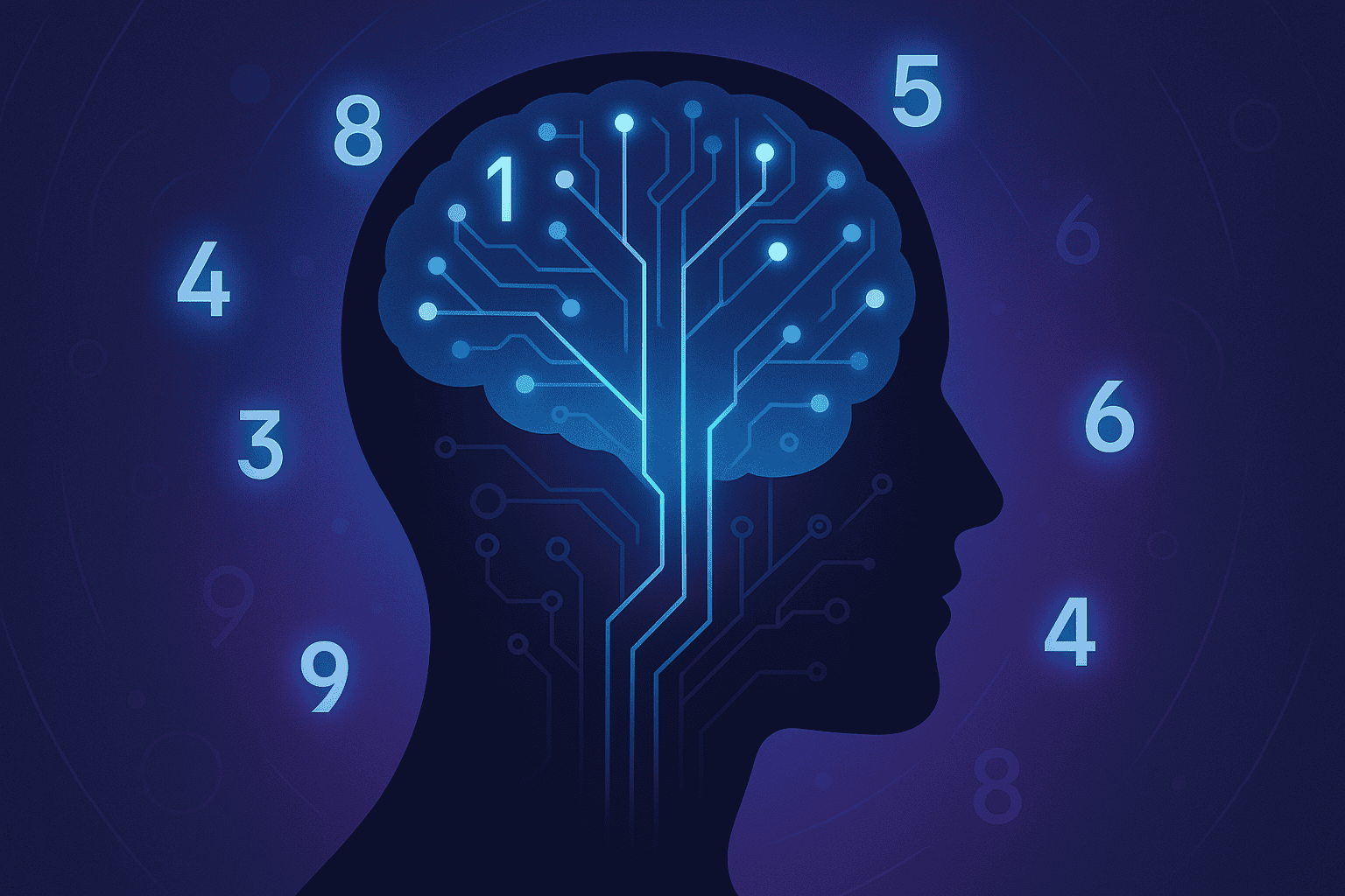 “Neural pathways glowing inside human brain with floating number sequences to illustrate number memory abilities.”