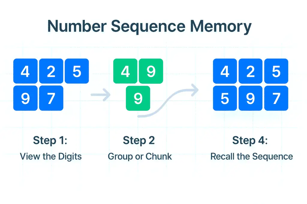 Number sequence memory infographic showing the four steps of digit recall: viewing digits, grouping them, storing the sequence, and recalling the numbers in order.
