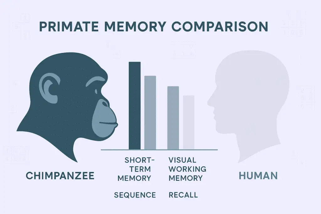 A clean, minimalist infographic titled “Primate Memory Comparison,” showing a side-by-side comparison of chimpanzee vs human short-term memory. Includes silhouette icons, simple bar charts highlighting chimp memory advantage, and subtle number-grid elements in soft blue and grey tones.