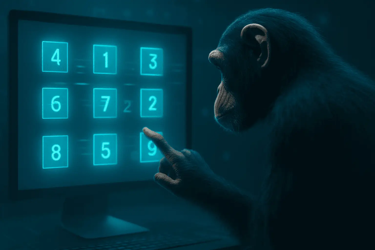 A chimpanzee interacting with a glowing digital number grid on a computer screen, reaching out with one finger to select a tile. The scene has a cool blue futuristic aesthetic, emphasizing primate visual working memory and fast sequence recall abilities.