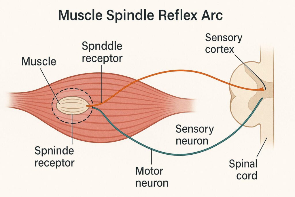 “Diagram of the muscle spindle reflex arc showing the spindle receptor, sensory neuron, motor neuron, and spinal cord connection involved in reflex responses.”