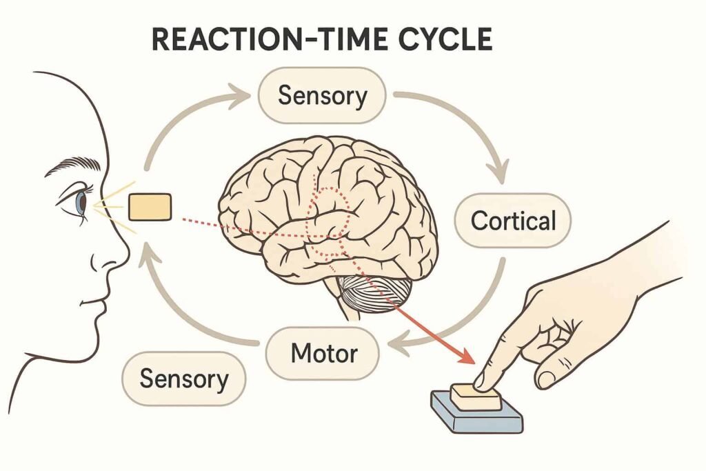 “Scientific illustration showing the sensory receptor, spinal cord pathway, sensory cortex, motor cortex, and motor neuron activating the muscle during reaction time.”