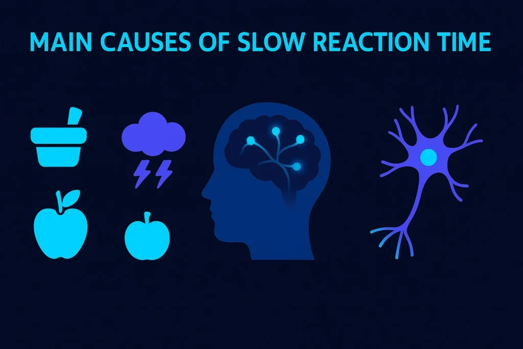 Flat-vector infographic showing four categories of slow reaction time causes: lifestyle factors like sleep and hydration, mental stress icons, delayed neural pathways representing neurological issues, and fading neurons representing age-related decline, all in neon blue and purple on a dark background
