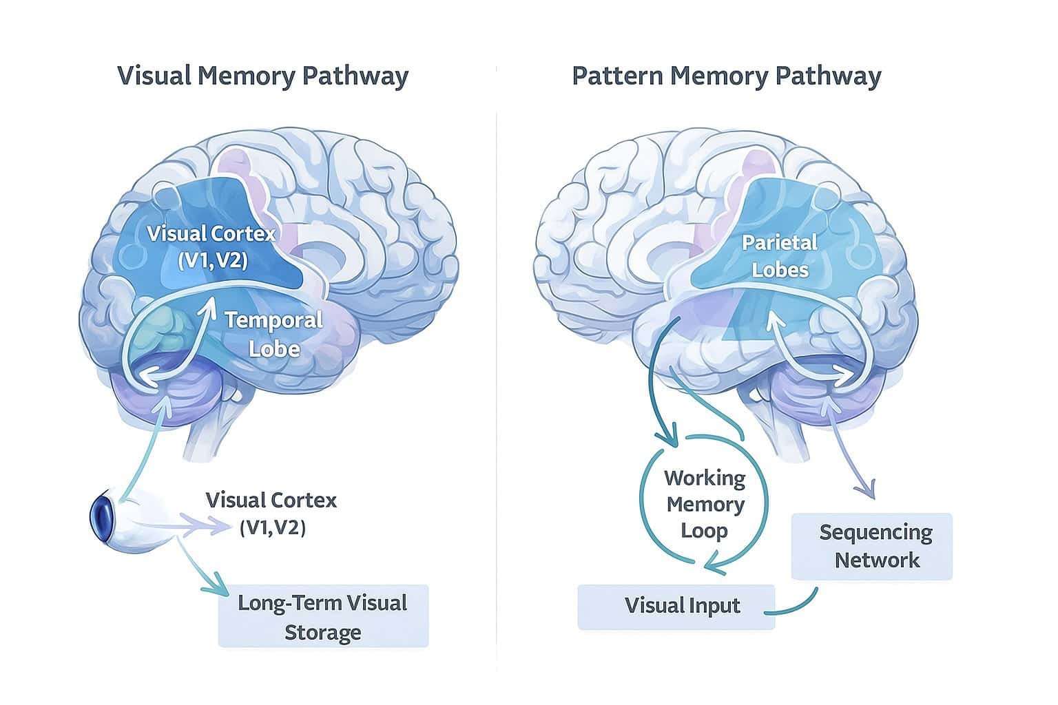 Minimal neuroscience illustration comparing pattern memory vs visual memory with visual cortex and parietal lobe regions labeled.