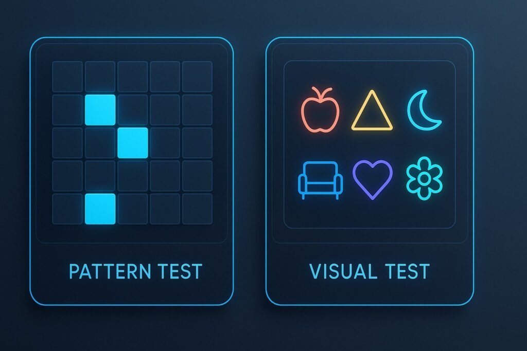 Pattern test vs visual test UI showing sequence grid and image icons, illustrating the difference between pattern memory and visual memory.
