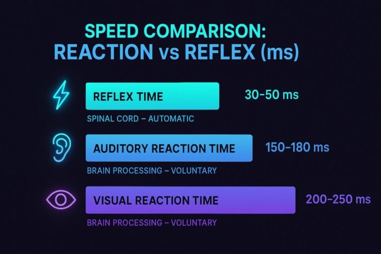 Visual comparison of reflex time and reaction time speeds in milliseconds, showing faster spinal reflex responses compared to slower voluntary auditory and visual reactions.