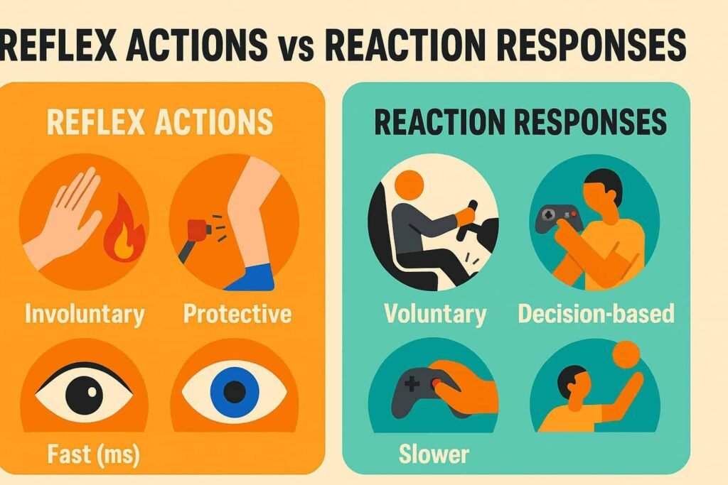 Reflex actions vs reaction responses infographic with examples of involuntary and voluntary movements.