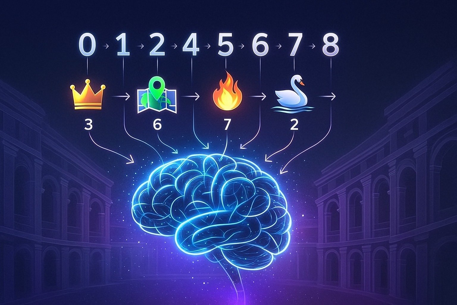 “Illustration of number memory techniques showing digits transforming into images and entering a memory palace with neon-blue neural pathways, flat-vector style.”