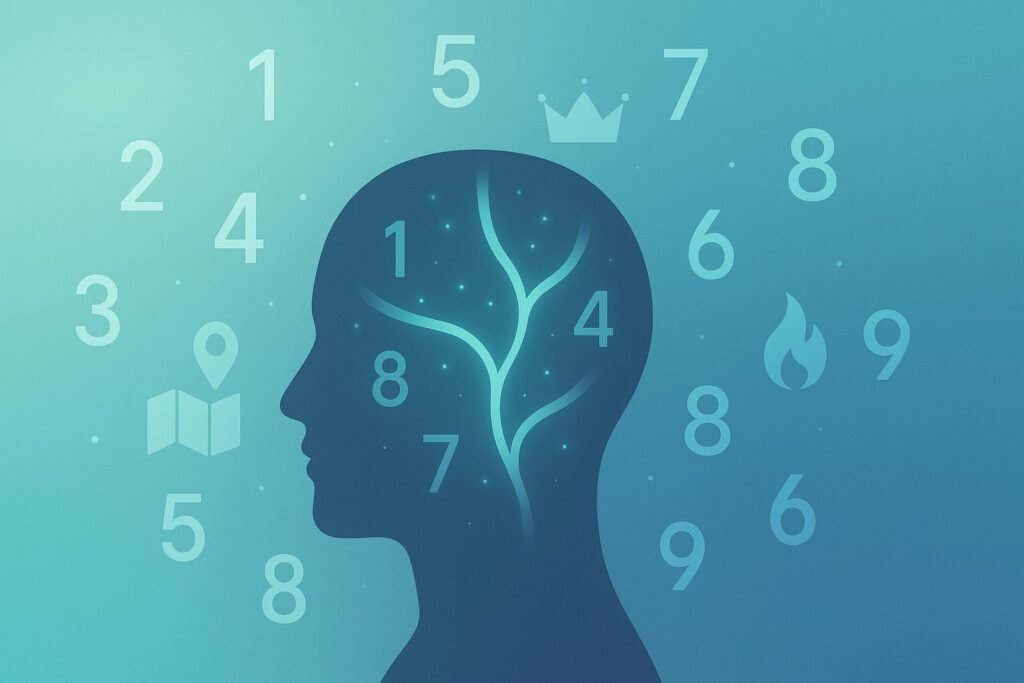 “Illustration of number memory techniques showing digits transforming into images and entering a memory palace with neon-blue neural pathways, flat-vector style.”