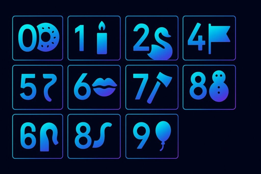 Flat-vector infographic showing the number-shape mnemonic system with digits 0–9 paired visually with their matching icons, such as donut for 0, candle for 1, swan for 2, lips for 3, flag for 4, hook for 5, elephant trunk for 6, axe for 7, snowman for 8, and balloon for 9, displayed in a clean neon blue and purple design.