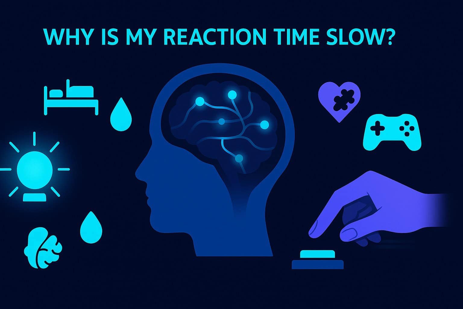 Flat-vector neuroscience illustration showing a human head silhouette with highlighted brain pathways reacting slowly to a visual stimulus. A flashing light appears on the left, dim and delayed neural signals run through the brain, and a hand on the right presses a button with motion blur. Small icons representing sleep, hydration, stress and gaming surround the head.