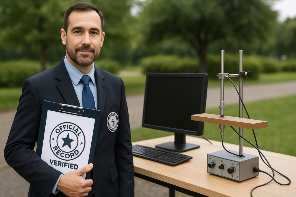 “An AI-generated world record adjudicator standing beside scientific reaction-time testing equipment, holding a clipboard labeled ‘Official Record Verified.’”