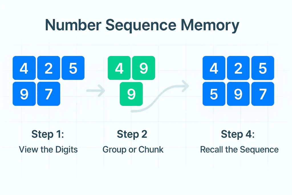 Diagram showing number sequence memory using chunking: digits are viewed, grouped into smaller chunks, and then recalled in correct order.