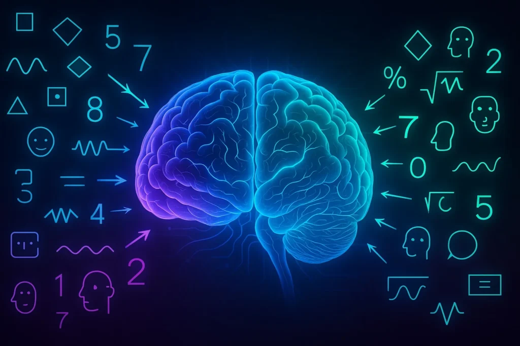 Illustration of a brain with digit sequences flowing through different cognitive processing areas