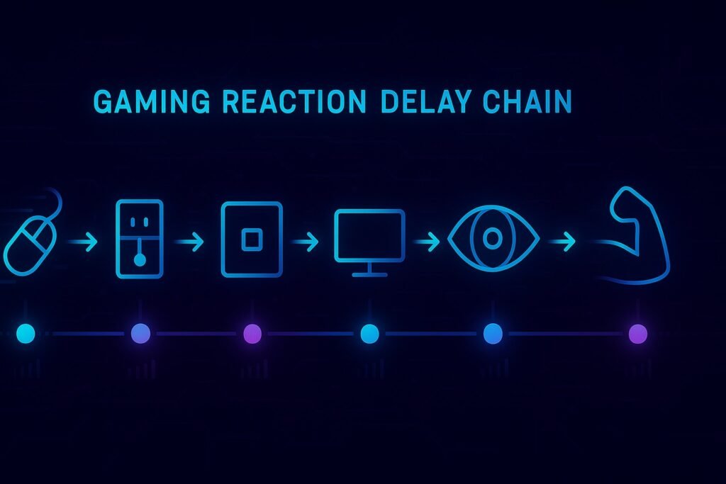 “Vector infographic of the full gaming reaction delay chain showing the path from input device through PC latency, display output, and brain processing.”
