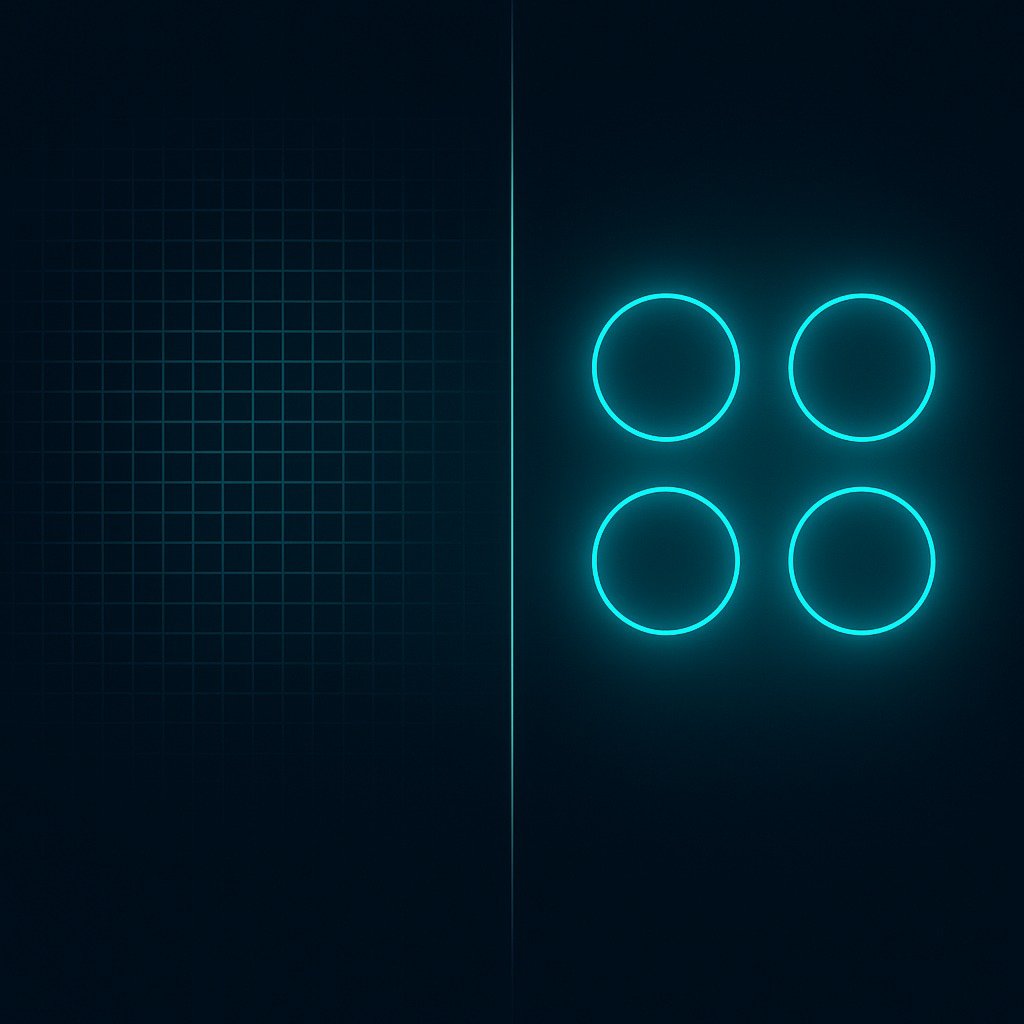 “A split-image vector illustration showing small patterns vanishing on one side and large patterns glowing on the other, representing micro vs. macro pattern blindness.”