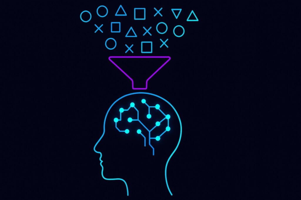 “A neuroscience-style vector graphic showing visual patterns entering a bottleneck and emerging as weak signals in the brain, illustrating how pattern blindness occurs under cognitive overload.”