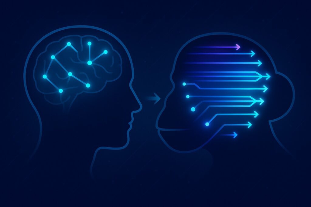 “Comparison diagram showing slower human neural pathways versus faster, parallel chimpanzee neural processing.”