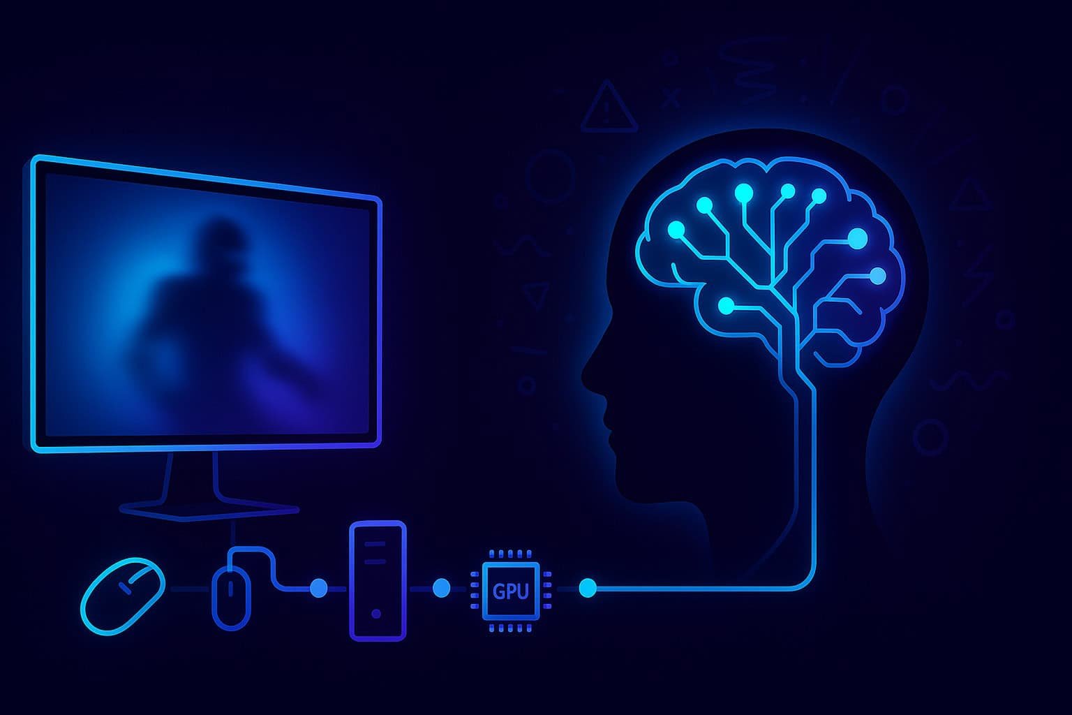 “Vector illustration of a gamer experiencing delayed reaction time, showing a human head silhouette with glowing neural pathways, a gaming monitor displaying blurred motion, and a technical input-lag chain representing hardware and cognitive delay.”
