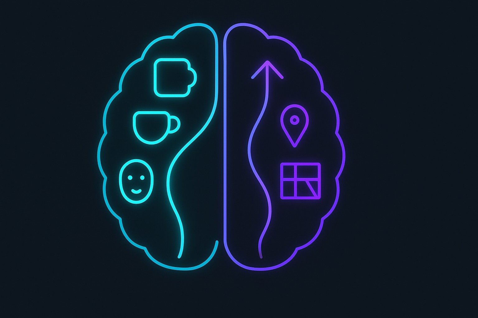 “Neuroscience illustration comparing object memory (ventral stream) vs spatial memory (dorsal stream) using glowing pathways.”