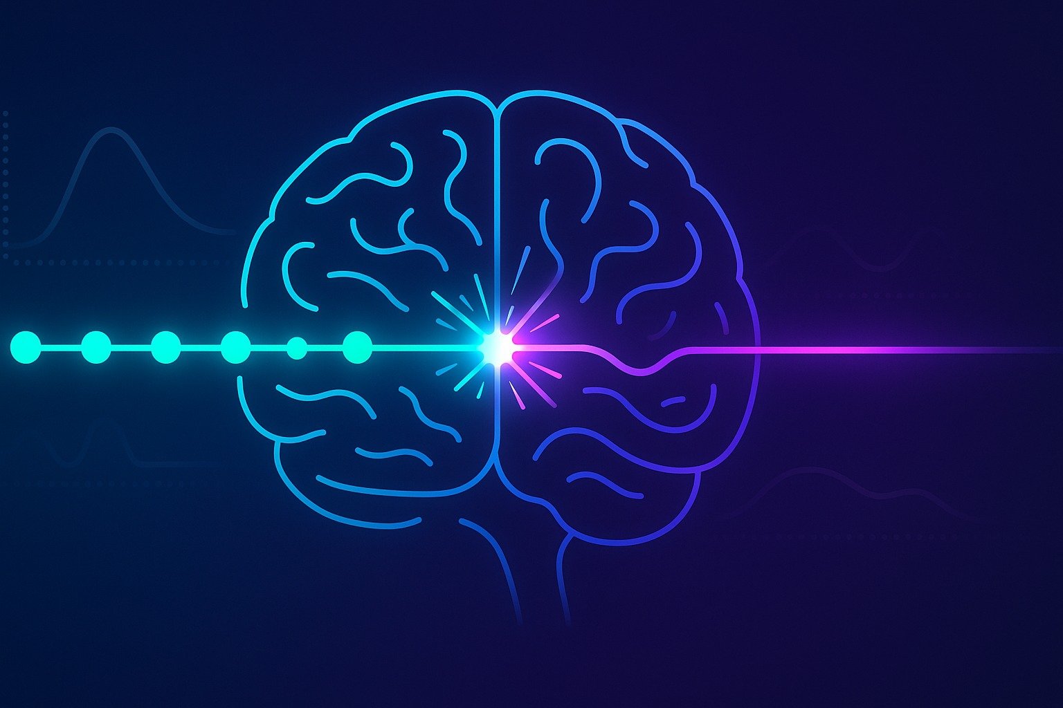 “Neuroscience illustration of a reaction-time pathway entering the brain, with cyan task signals and a violet task stream converging at the prefrontal cortex to show task-switching delay.”