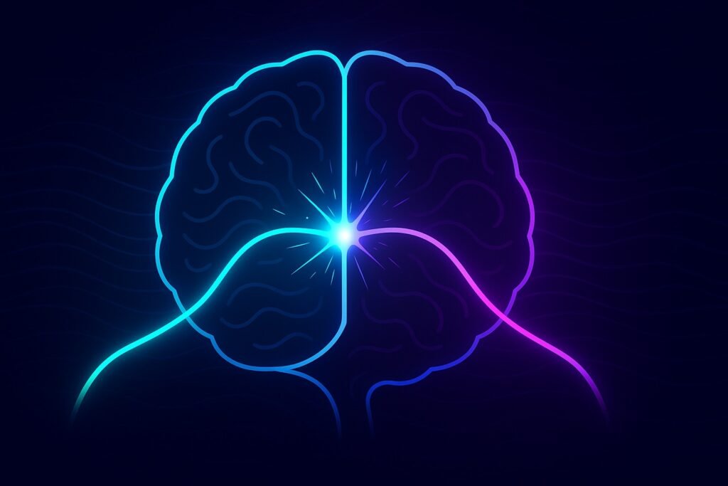 “Neon flat-vector brain infographic showing cyan and violet neural pathways colliding at the prefrontal cortex to illustrate multitasking neural bottleneck and delayed reaction time.”