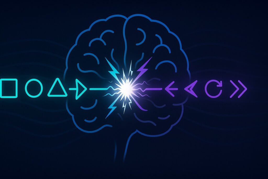 “Pattern reasoning diagram illustrating sensory patterns and cognitive rules colliding in the prefrontal cortex.”