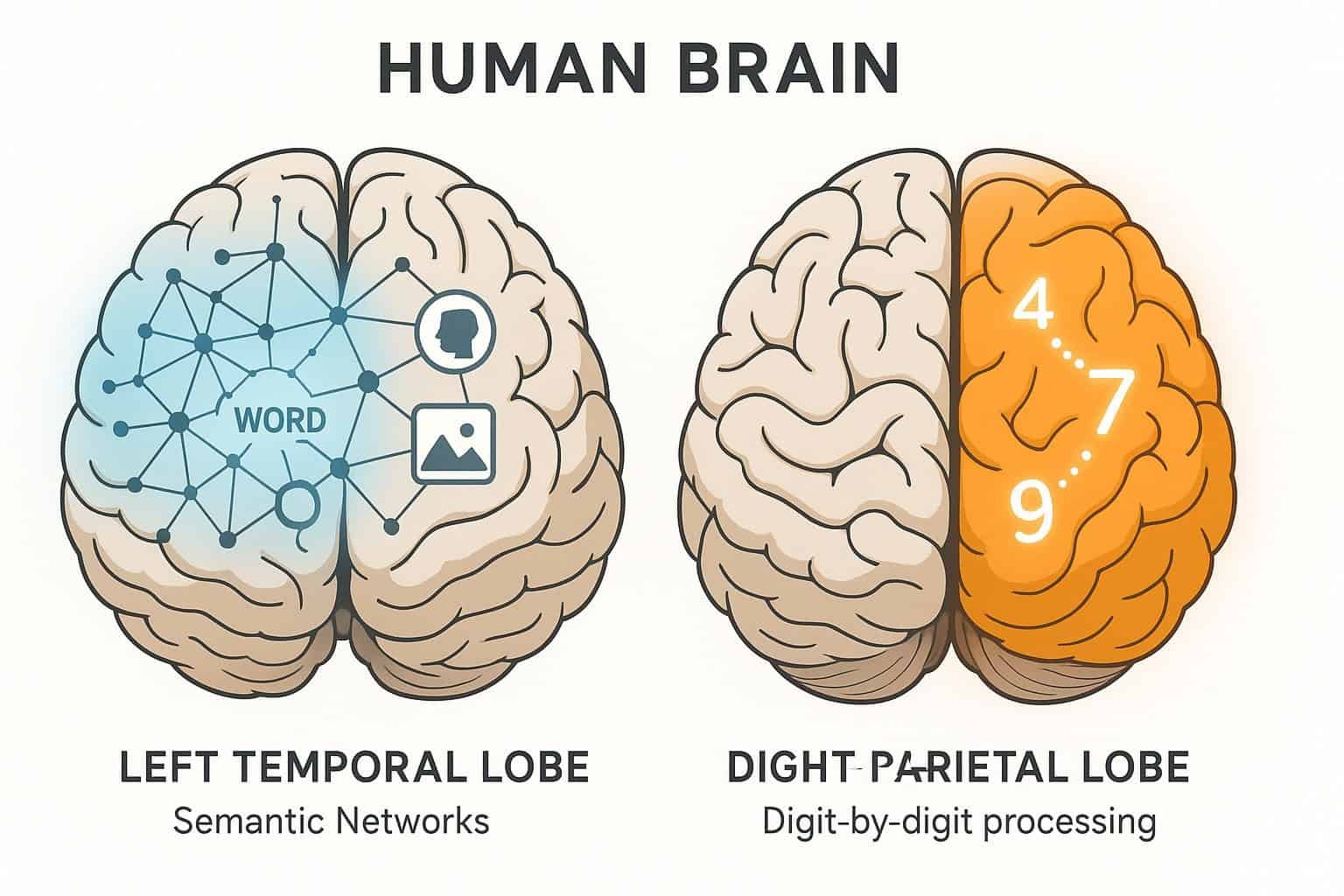 Diagram showing brain processing words through multiple pathways versus numbers through single pathway