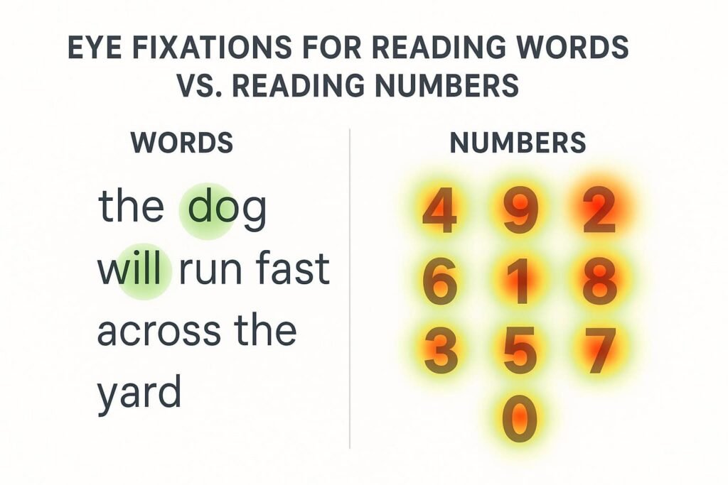 Eye-tracking heatmap showing fewer fixations when reading words and dense fixation clusters when reading numbers.