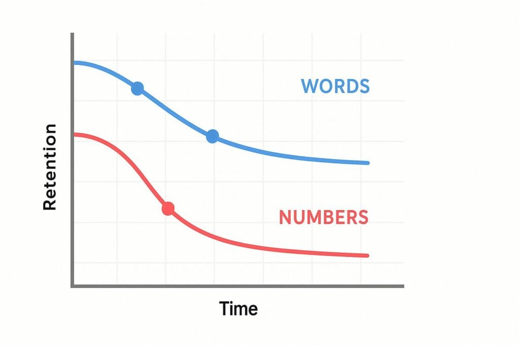 Graph comparing memory retention over time, showing words decay slowly while numbers decay much faster.
