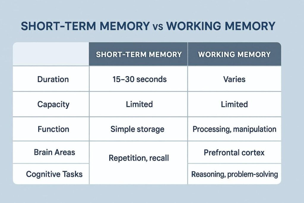 A side-by-side comparison shows the key differences between short-term memory and working memory.