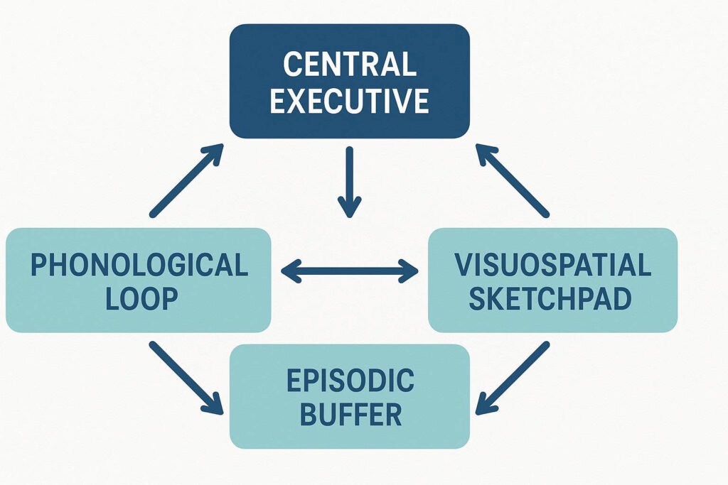 “Diagram of the Baddeley and Hitch working memory model showing the central executive coordinating the phonological loop, visuospatial sketchpad, and episodic buffer.”