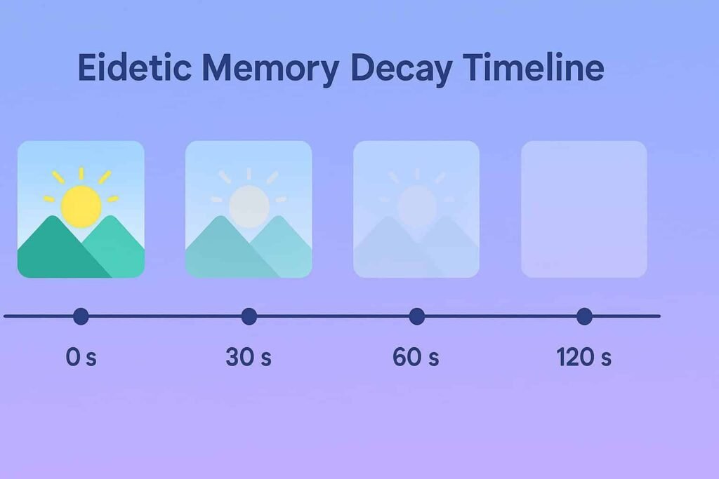 “Timeline graphic showing how an eidetic image fades from clear to nearly invisible over 0, 30, 60, and 120 seconds, illustrating rapid decay of visual memory.”