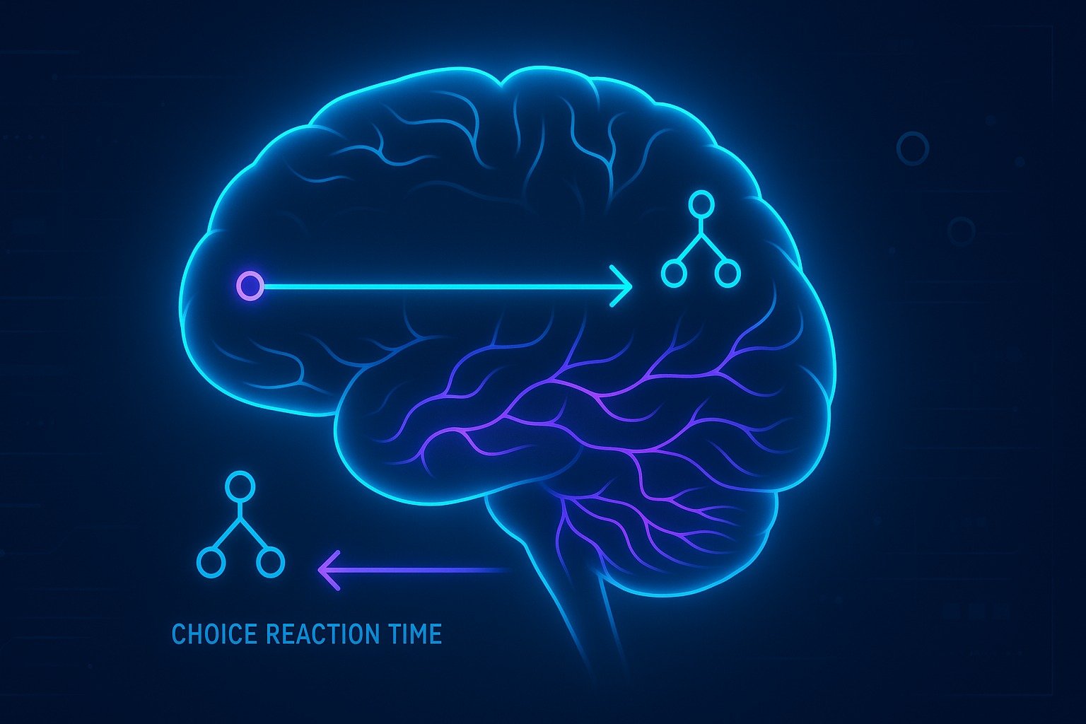 “Glowing brain diagram showing a straight neural pathway representing simple reaction time and a branching decision pathway illustrating choice reaction time, with neon blue and purple neural lines.”