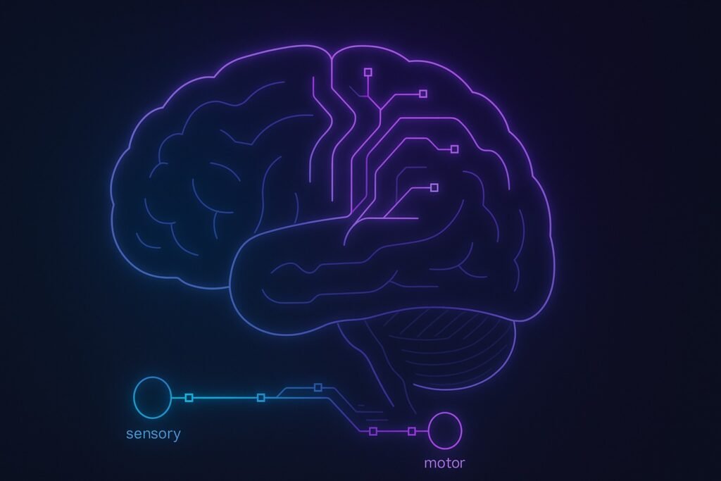 “Neon-blue and purple illustration of the human brain showing the neural pathway from sensory input to motor output, highlighting how signals travel through sensory and motor circuits.”