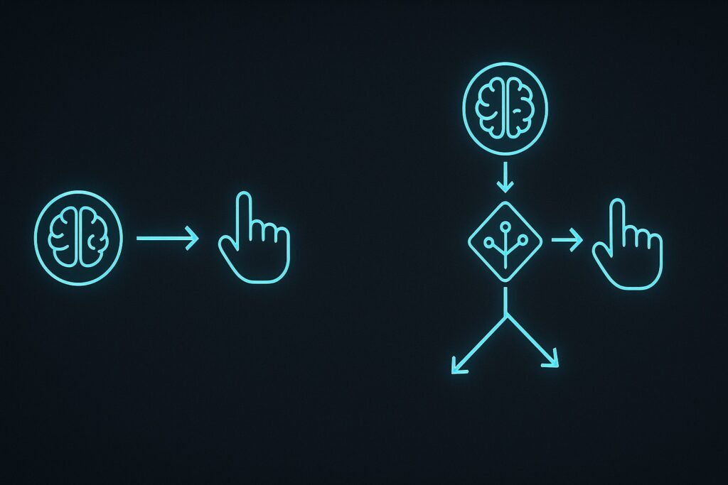 “Diagram comparing simple reaction time and choice reaction time using neon-blue icons: a direct brain-to-response pathway for SRT on the left, and a branching decision pathway for CRT on the right.”