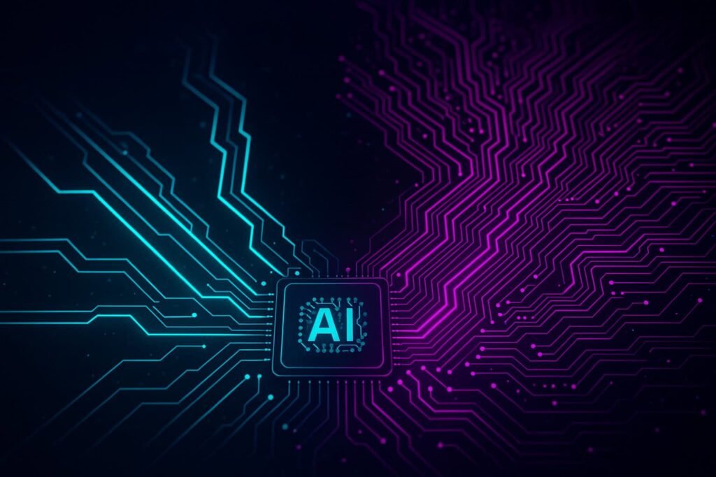 Futuristic AI circuit board split into two neon pathways—one blue and fast, one purple and complex—visualizing the balance between speed and accuracy in artificial intelligence models.