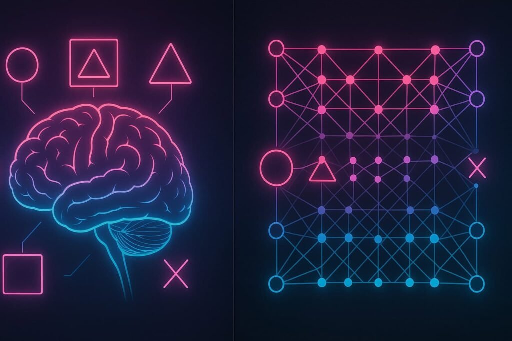 Side-by-side comparison of a glowing human brain and a neural network grid, illustrating how humans and AI recognize patterns through different processing structures.