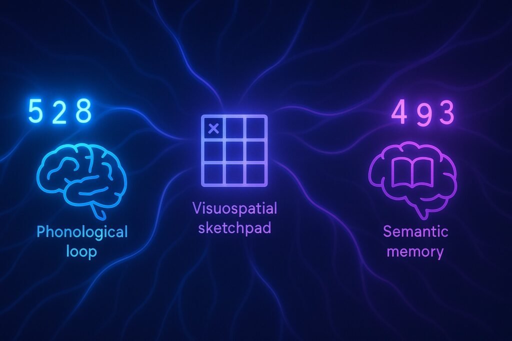 “Neon icons showing the phonological loop, visuospatial sketchpad, and semantic memory — the three cognitive systems the brain uses to encode and store numbers.”