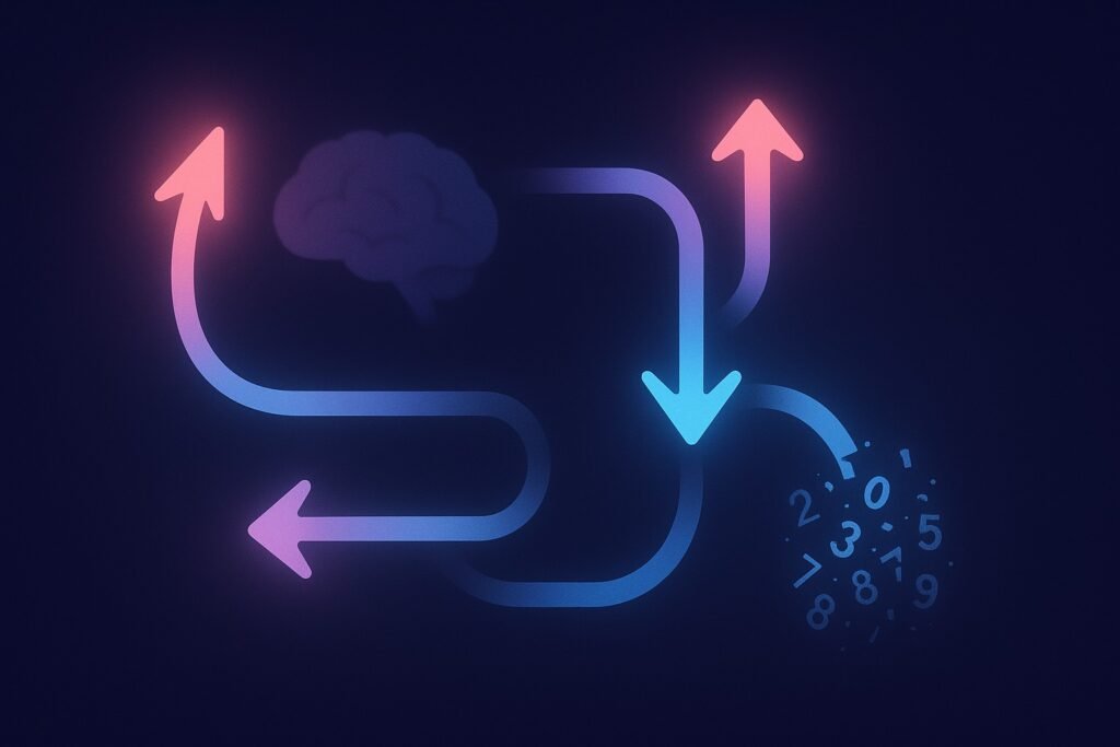 “Abstract cognitive flow illustration showing how attention shifts and interference cause numbers to scatter and be forgotten during memory recall.”