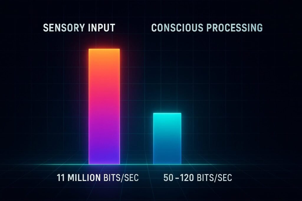 Chart comparing the brain’s sensory input of 11 million bits per second to the conscious processing limit of 50–120 bits per second