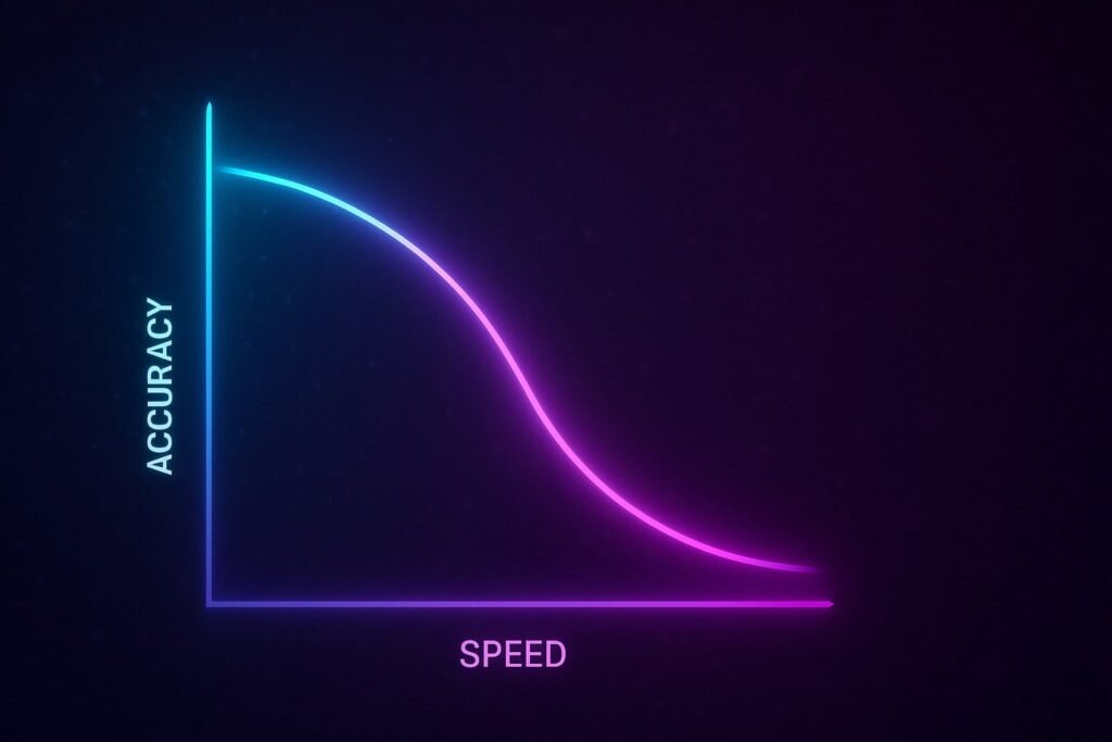 Neon-style speed–accuracy tradeoff curve showing how accuracy decreases as processing speed increases in memory tasks.”