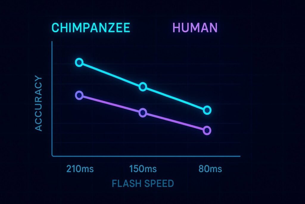 “Comparison graph showing chimpanzee and human accuracy at different number-flash speeds in visual memory tests.”