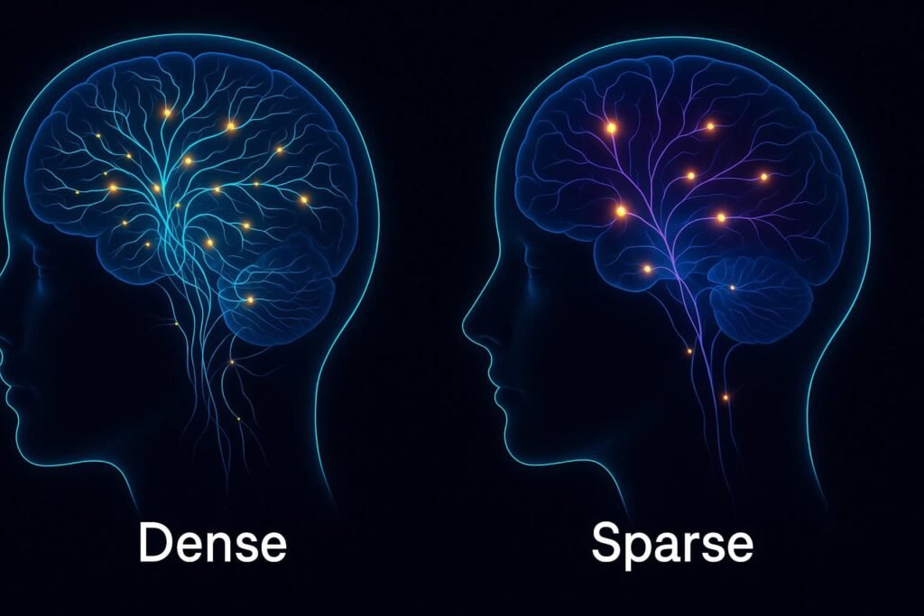 Illustration comparing strong visualizers with denser brain connectivity to typical visual memory patterns.