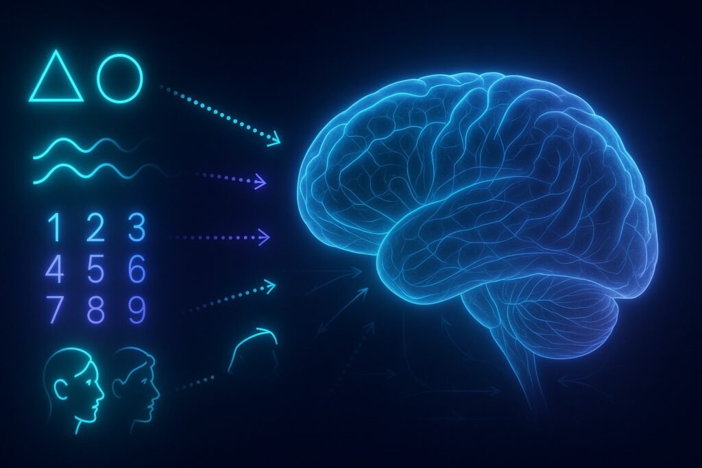 A glowing neon-blue human brain with sensory patterns—shapes, lines, numbers, and faces—flowing toward it, each with different brightness levels and subtle predictive-coding arrows, set against a dark neuroscience-themed background.