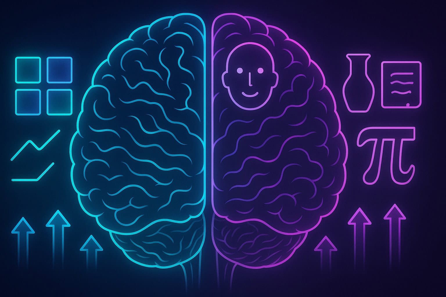 “Neon illustration of a split human brain showing low-level analytical features on the left and high-level conceptual symbols on the right, representing hierarchical pattern processing.”