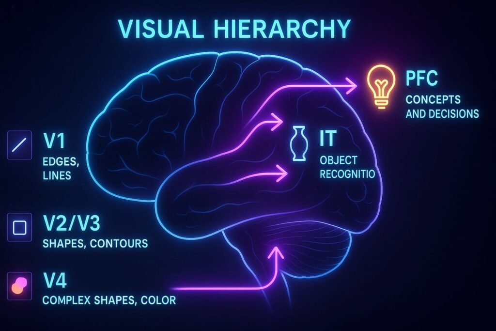“Neon brain diagram illustrating V1, V2/V3, V4, IT, and PFC regions and their roles in transforming edges into shapes, objects, and decisions.”