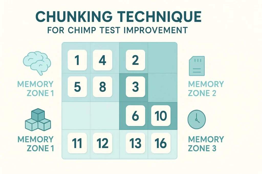 Diagram showing the chunking technique for the Chimp Test, where numbered tiles are grouped into memory zones to improve recall.