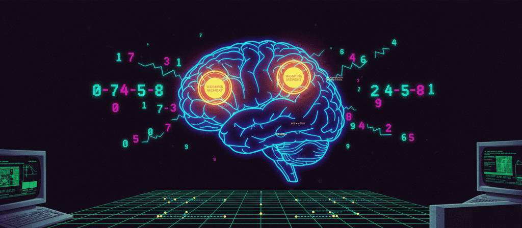 “Brain illustration highlighting working memory and visual-spatial memory during a number recall exercise.”