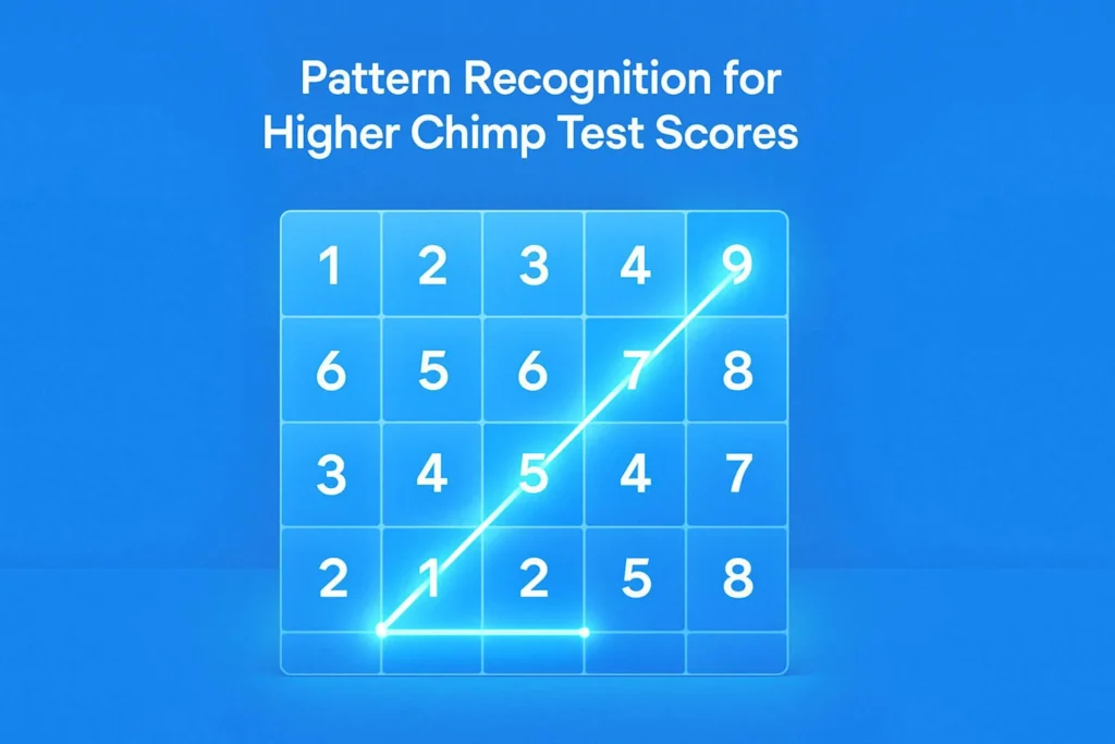 Grid of numbered tiles with a highlighted diagonal path, illustrating pattern recognition strategies to improve Chimp Test scores.